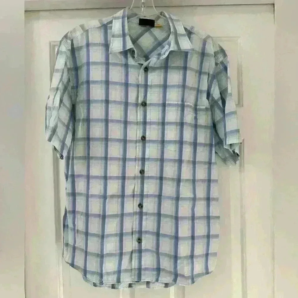 Cabelas Men Cotton Shirt Large Short Sleeve Button Down‎ Plaid White Blue Yellow